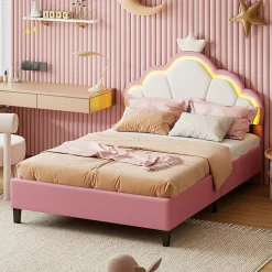 Lit double Lit adulte 140 x 200 cm avec bande lumineuse LED, en cuir PU, rose