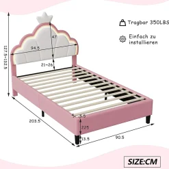 Lit double Lit adulte 90 x 200 cm avec bande lumineuse LED, en cuir PU, rose
