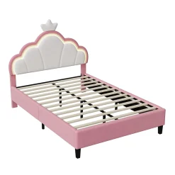 Lit double Lit adulte 90 x 200 cm avec bande lumineuse LED, en cuir PU, rose