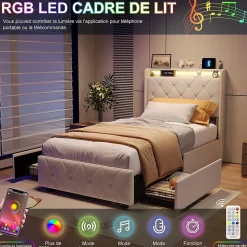 Lit double, lit rembourré 90x200 cm en velours avec tiroirs, tête de lit avec USB & USB-C et LED multicolore, Beige