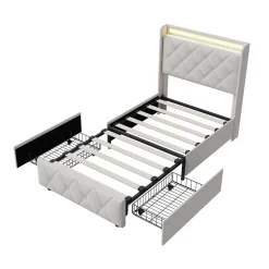 Lit double, lit rembourré 90x200 cm en velours avec tiroirs, tête de lit avec USB & USB-C et LED multicolore, Beige