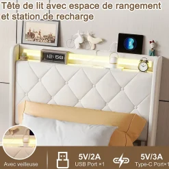 Lit double, lit rembourré 90x200 cm en velours avec tiroirs, tête de lit avec USB & USB-C et LED multicolore, Beige