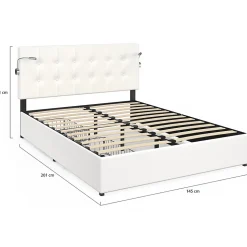Lit double MAEL 140 x 190 cm avec tête de lit capitonnée PVC blanc liseuses intégrées et sommier et 2 tiroirs sur roulettes