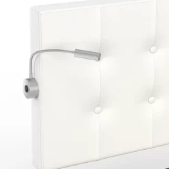 Lit double MAEL 140 x 190 cm avec tête de lit capitonnée PVC blanc liseuses intégrées et sommier et 2 tiroirs sur roulettes