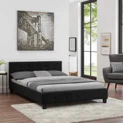 Lit double MATHIEU, 140 x 190 cm, capitonné avec sommier, revêtement en tissu noir