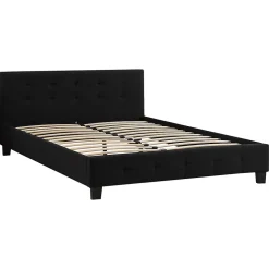 Lit double MATHIEU, 140 x 190 cm, capitonné avec sommier, revêtement en tissu noir