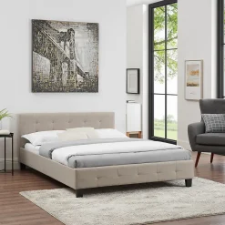 Lit double MATHIEU, 140 x 190 cm, capitonné avec sommier, revêtement en tissu beige