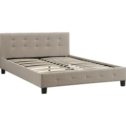 Lit double MATHIEU, 140 x 190 cm, capitonné avec sommier, revêtement en tissu beige