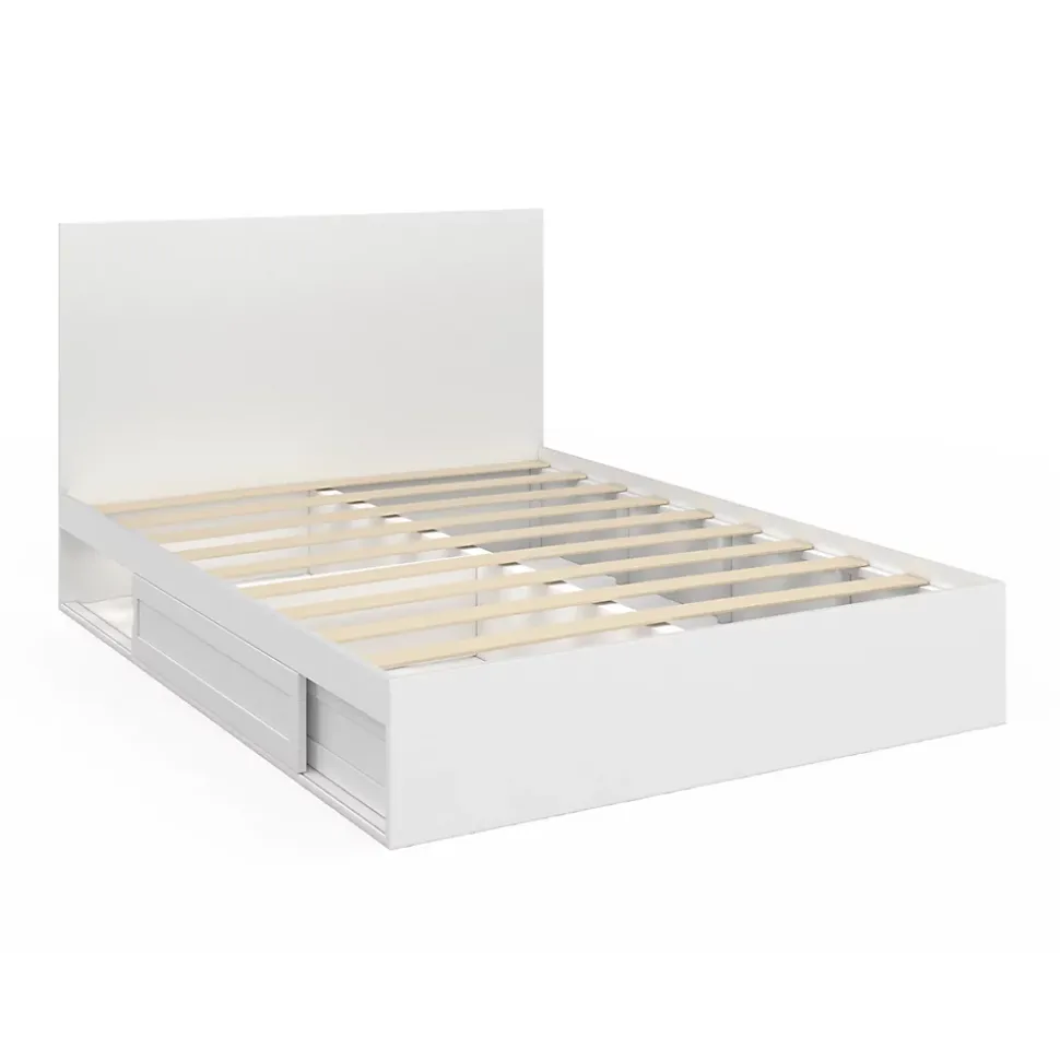 Lit double MELSA avec rangements tête de lit et sommier 140 x 190 cm blanc