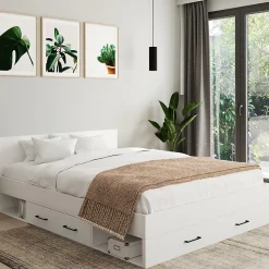 Lit double MINEA avec tiroirs + niches de rangement + tête de lit et sommier 140 x 190 cm blanc