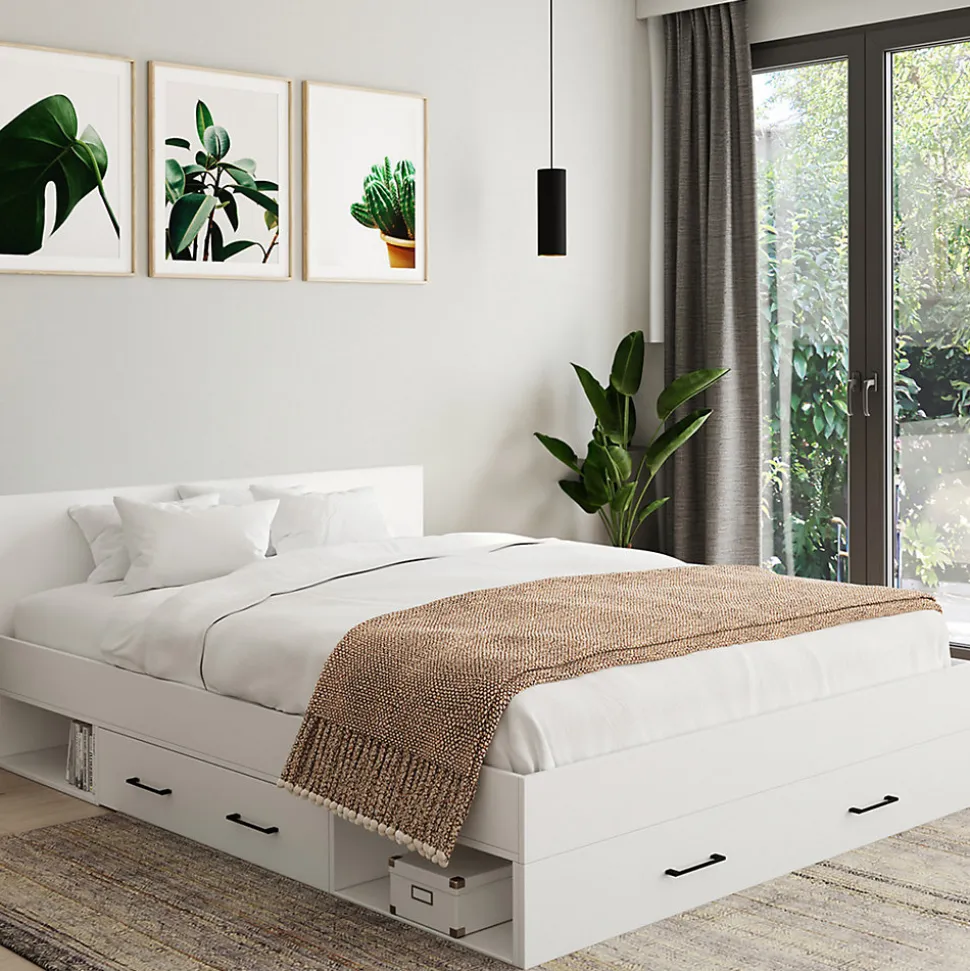 Lit double MINEA avec tiroirs + niches de rangement + tête de lit et sommier 140 x 190 cm blanc