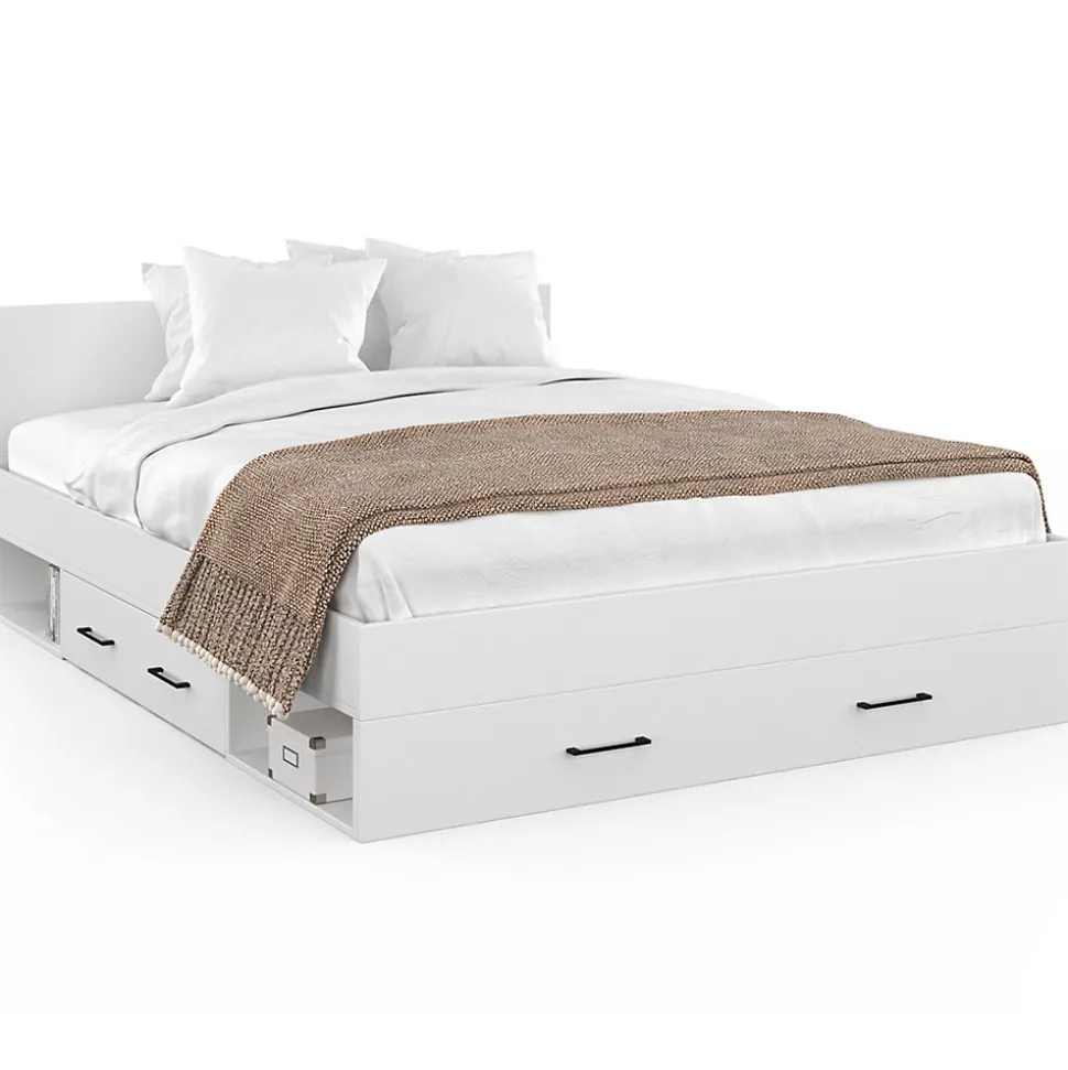 Lit double MINEA avec tiroirs + niches de rangement + tête de lit et sommier 140 x 190 cm blanc