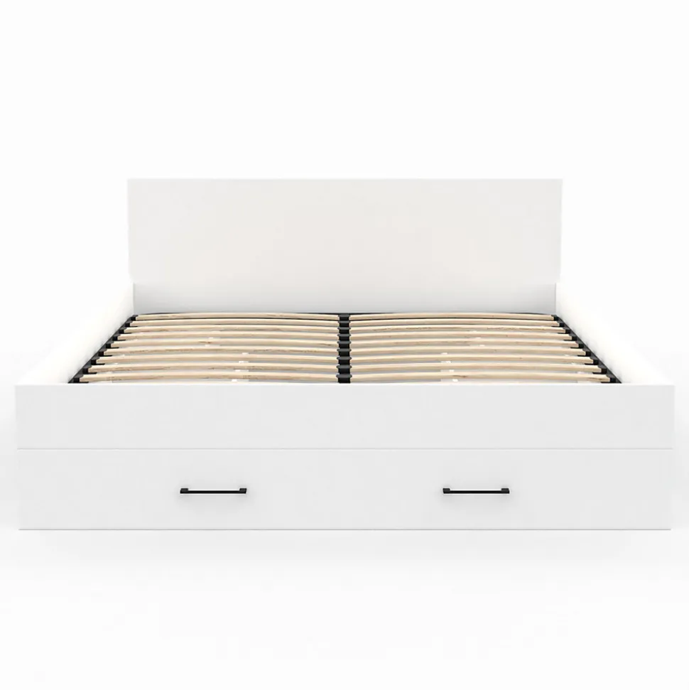 Lit double MINEA avec tiroirs + niches de rangement + tête de lit et sommier 140 x 190 cm blanc