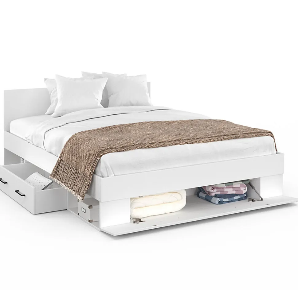 Lit double MINEA avec tiroirs + niches de rangement + tête de lit et sommier 140 x 190 cm blanc