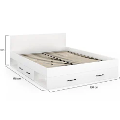 Lit double MINEA avec tiroirs + niches de rangement + tête de lit et sommier 140 x 190 cm blanc