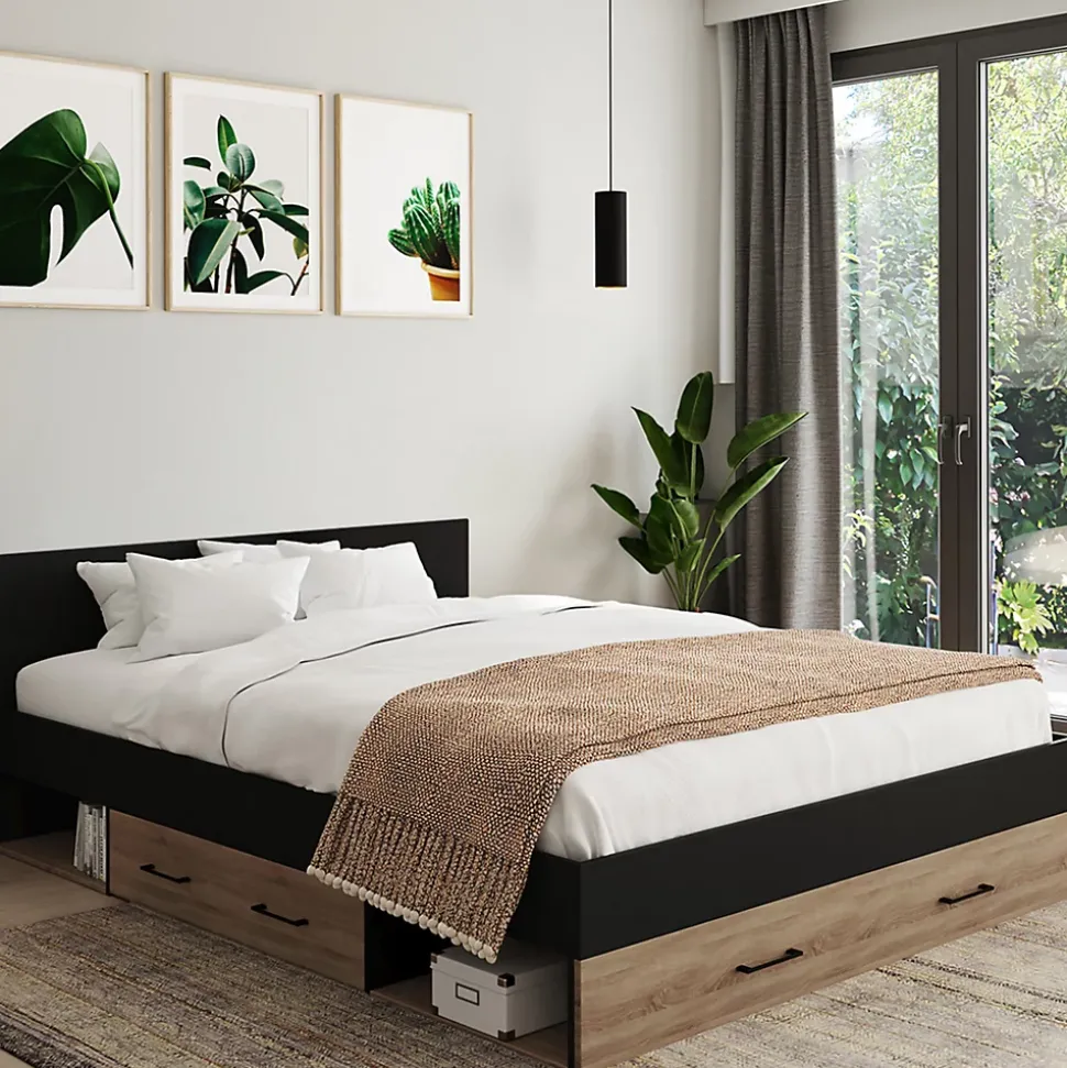 Lit double MINEA avec tiroirs + niches de rangement + tête de lit et sommier 140 x 190 cm façon hêtre et noir