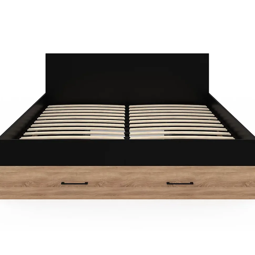 Lit double MINEA avec tiroirs + niches de rangement + tête de lit et sommier 140 x 190 cm façon hêtre et noir