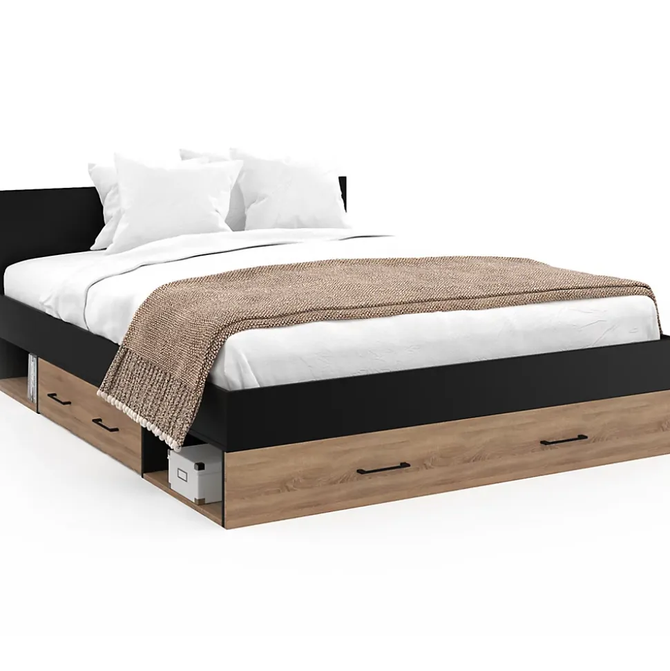 Lit double MINEA avec tiroirs + niches de rangement + tête de lit et sommier 140 x 190 cm façon hêtre et noir