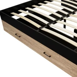 Lit double MINEA avec tiroirs + niches de rangement + tête de lit et sommier 140 x 190 cm façon hêtre et noir