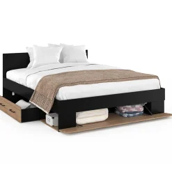 Lit double MINEA avec tiroirs + niches de rangement + tête de lit et sommier 140 x 190 cm façon hêtre et noir