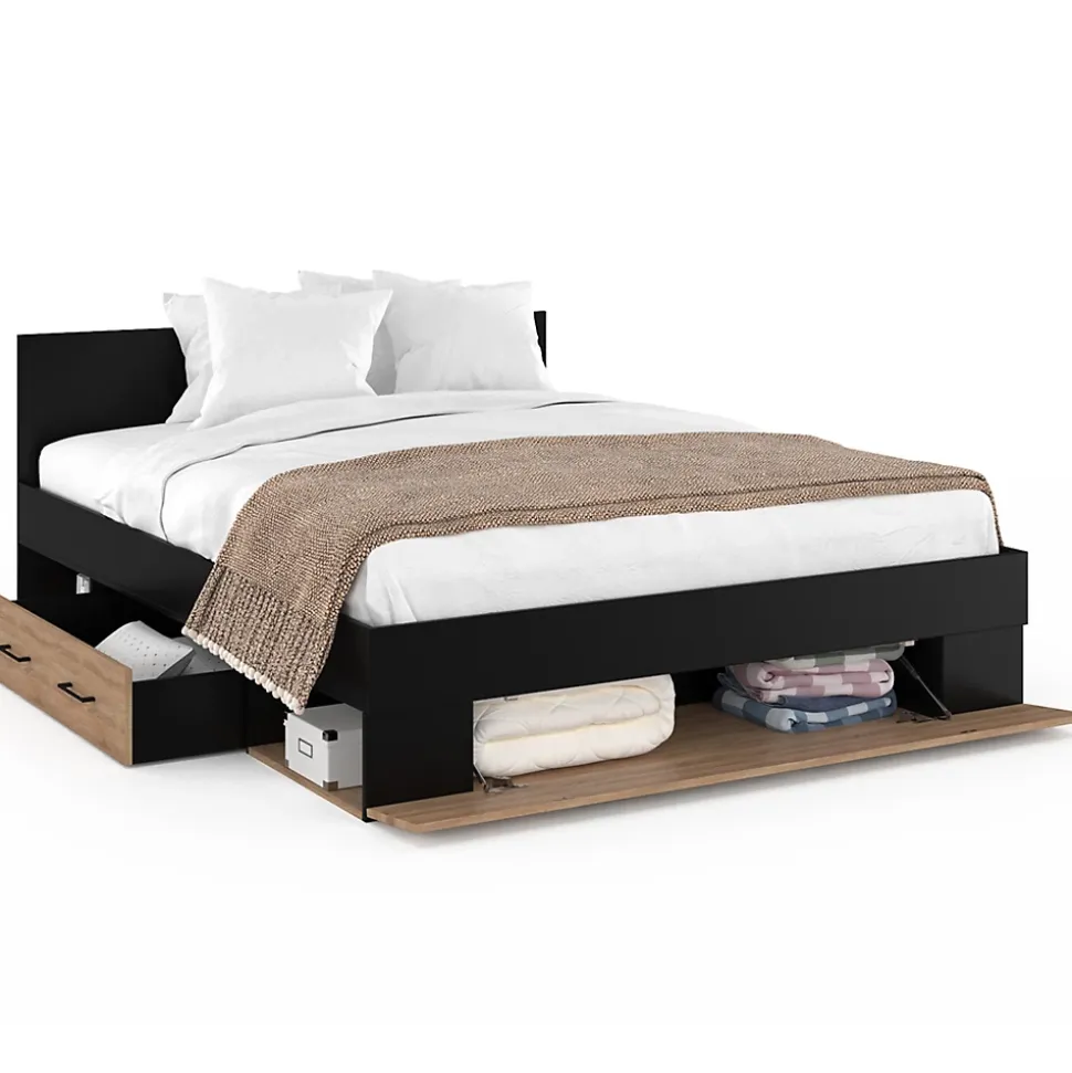 Lit double MINEA avec tiroirs + niches de rangement + tête de lit et sommier 140 x 190 cm façon hêtre et noir