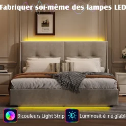 Lit double moderne 160x200 cm, tête de lit rembourrée, LED intégrées, rangement sous sommier, design minimaliste, beige.