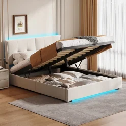 Lit double moderne 160x200 cm, tête de lit rembourrée, LED intégrées, rangement sous sommier, design minimaliste, beige.