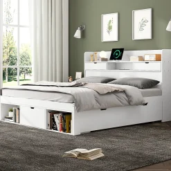 Lit Double Multifonction 140x190 cm, Lit Ado avec USB, Tiroirs et Armoire de Rangement, en Bois Pin, Blanc, Sans Matelas