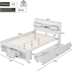 Lit Double Multifonction 140x190 cm, Lit Ado avec USB, Tiroirs et Armoire de Rangement, en Bois Pin, Blanc, Sans Matelas