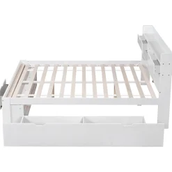 Lit Double Multifonction 140x190 cm, Lit Ado avec USB, Tiroirs et Armoire de Rangement, en Bois Pin, Blanc, Sans Matelas
