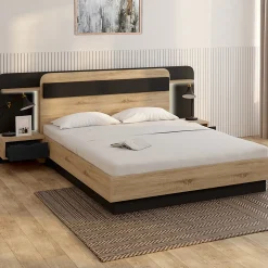 Lit double NATHAN 140 x 190 cm avec tête de lit, chevets suspendus, étagère, LED et sommier bois et noir