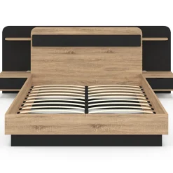 Lit double NATHAN 140 x 190 cm avec tête de lit, chevets suspendus, étagère, LED et sommier bois et noir