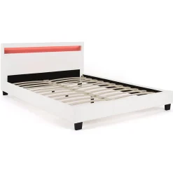 Lit double NEO avec tête de lit LED intégrées et sommier 140 x 190 cm PVC blanc