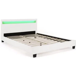 Lit double NEO avec tête de lit LED intégrées et sommier 140 x 190 cm PVC blanc