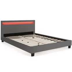 Lit double NEO avec tête de lit LED intégrées et sommier 140 x 190 cm PVC gris