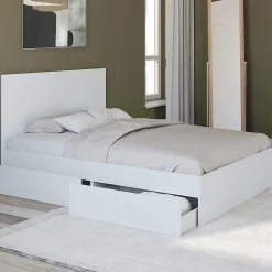 Lit double OMAHA 4 tiroirs sur roulettes avec tête de lit et sommier 140 x 190 cm blanc