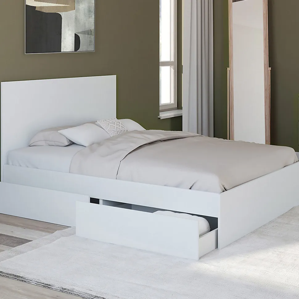 Lit double OMAHA 4 tiroirs sur roulettes avec tête de lit et sommier 140 x 190 cm blanc