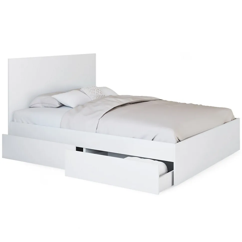 Lit double OMAHA 4 tiroirs sur roulettes avec tête de lit et sommier 140 x 190 cm blanc