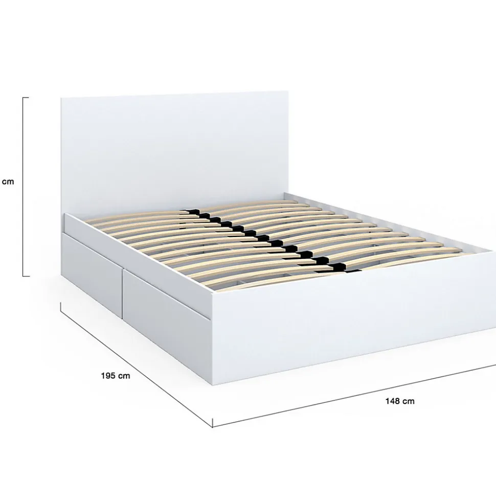Lit double OMAHA 4 tiroirs sur roulettes avec tête de lit et sommier 140 x 190 cm blanc