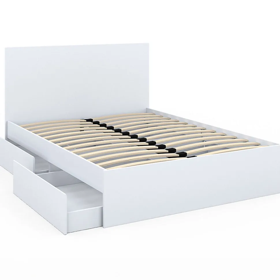 Lit double OMAHA 4 tiroirs sur roulettes avec tête de lit et sommier 140 x 190 cm blanc