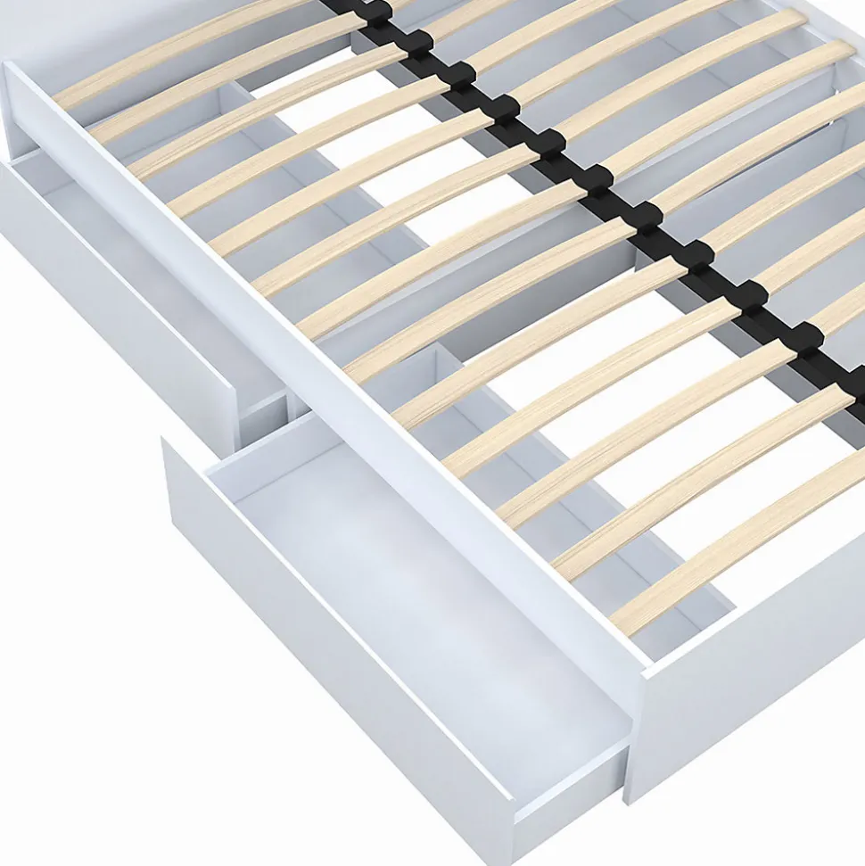 Lit double OMAHA 4 tiroirs sur roulettes avec tête de lit et sommier 140 x 190 cm blanc