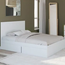 Lit double OMAHA 4 tiroirs sur roulettes avec tête de lit et sommier 140 x 190 cm blanc