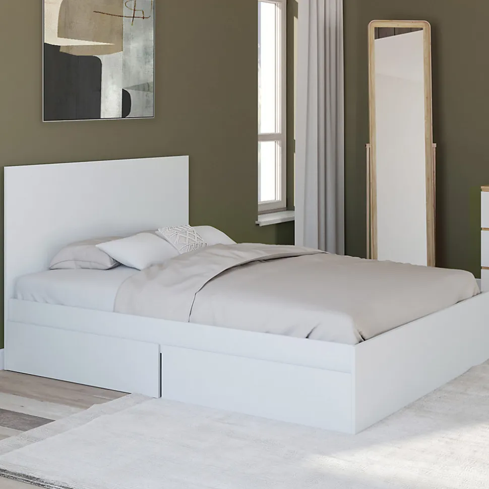 Lit double OMAHA 4 tiroirs sur roulettes avec tête de lit et sommier 140 x 190 cm blanc