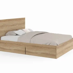 Lit double OMAHA 4 tiroirs sur roulettes avec tête de lit et sommier 140 x 190 cm façon hêtre