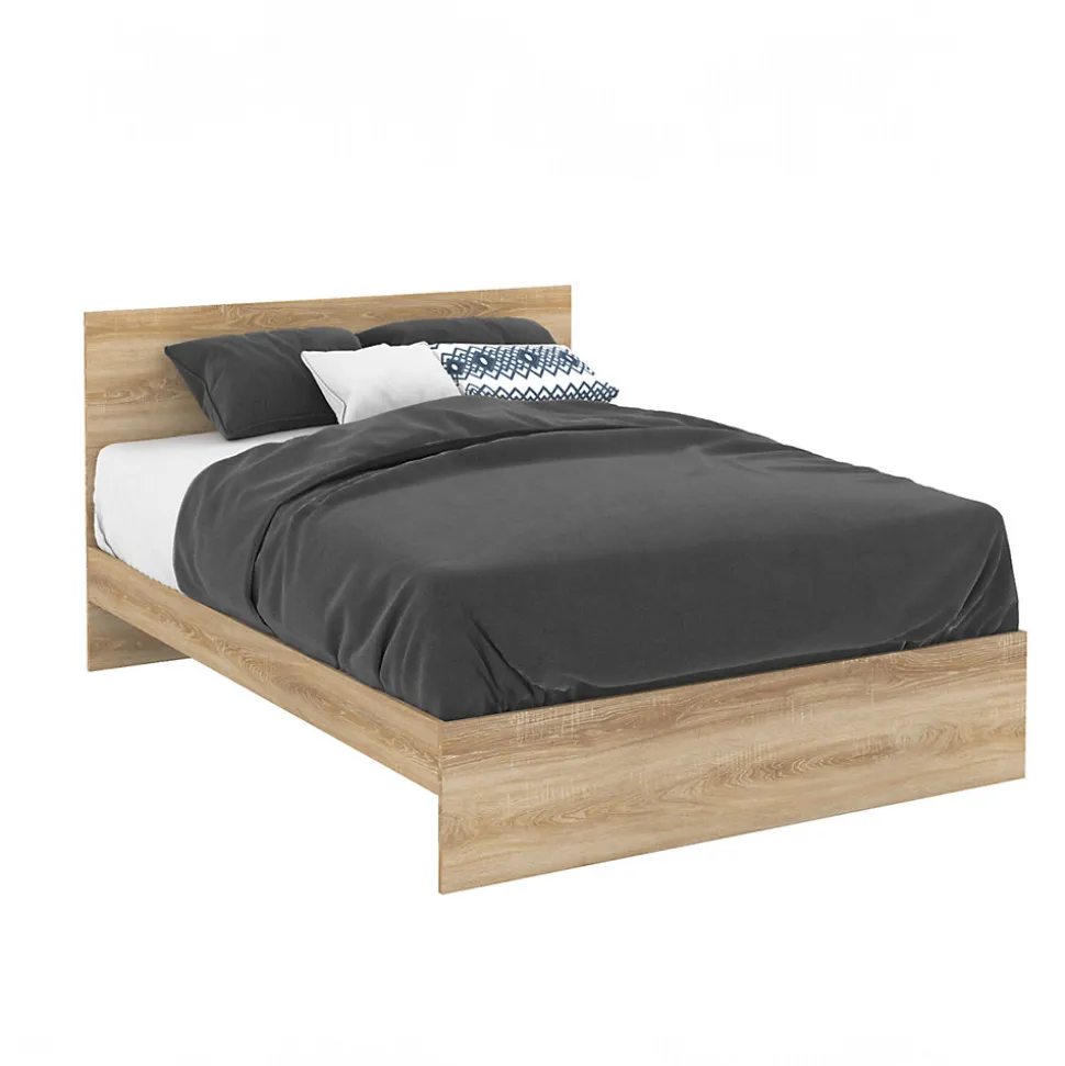 Lit double OMAHA avec tête de lit et sommier 140 x 190 cm façon hêtre