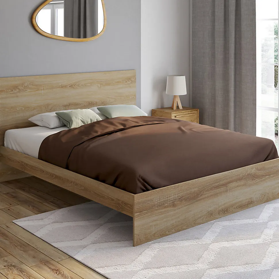 Lit double OMAHA avec tête de lit et sommier 160 x 200 cm façon hêtre