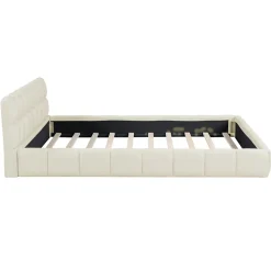 Lit Double Rembourré, à Bulles, 140 X 200 Cm, Avec Sommier à Lattes Et Dossier Souple, Lin, Beige