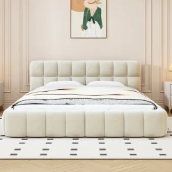 Lit Double Rembourré, à Bulles, 140 X 200 Cm, Avec Sommier à Lattes Et Dossier Souple, Lin, Beige