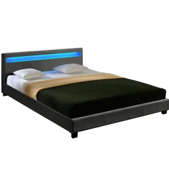 Lit Double Rembourré à LED Sommier à Lattes Polyester 140 x 200 cm Gris Foncé Corium