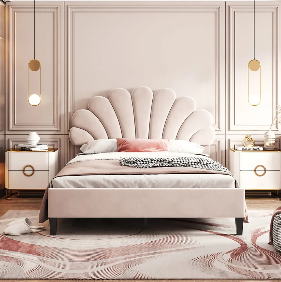 Lit double rembourré 140 sur 200 cm cadre avec tête de lit fleurie en velours doux lit adulte invité beige